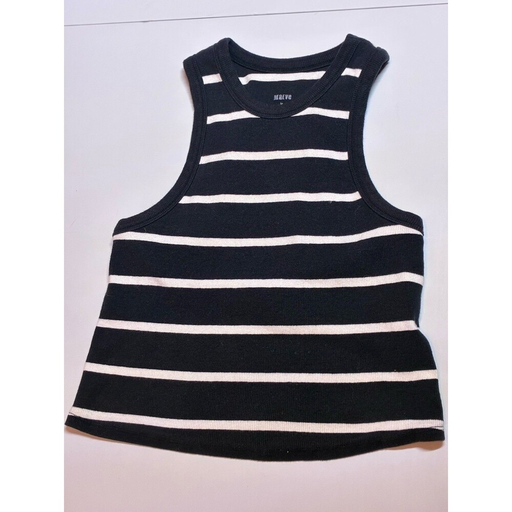 Maeve W Sz M black White Striped Knit Stretch Tank Top crop nautical sailor